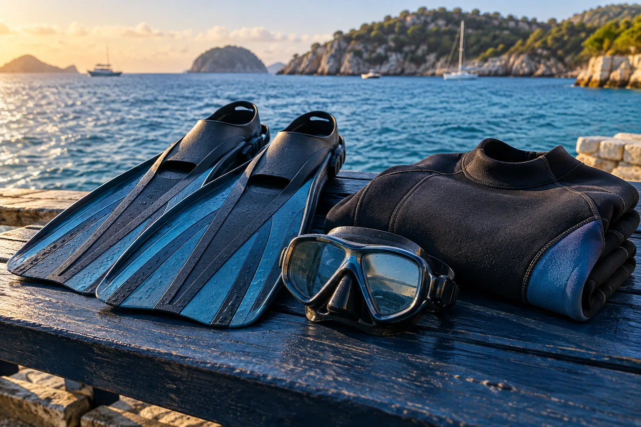 AI-generated still life of an unbranded mask, fins and folded wetsuit