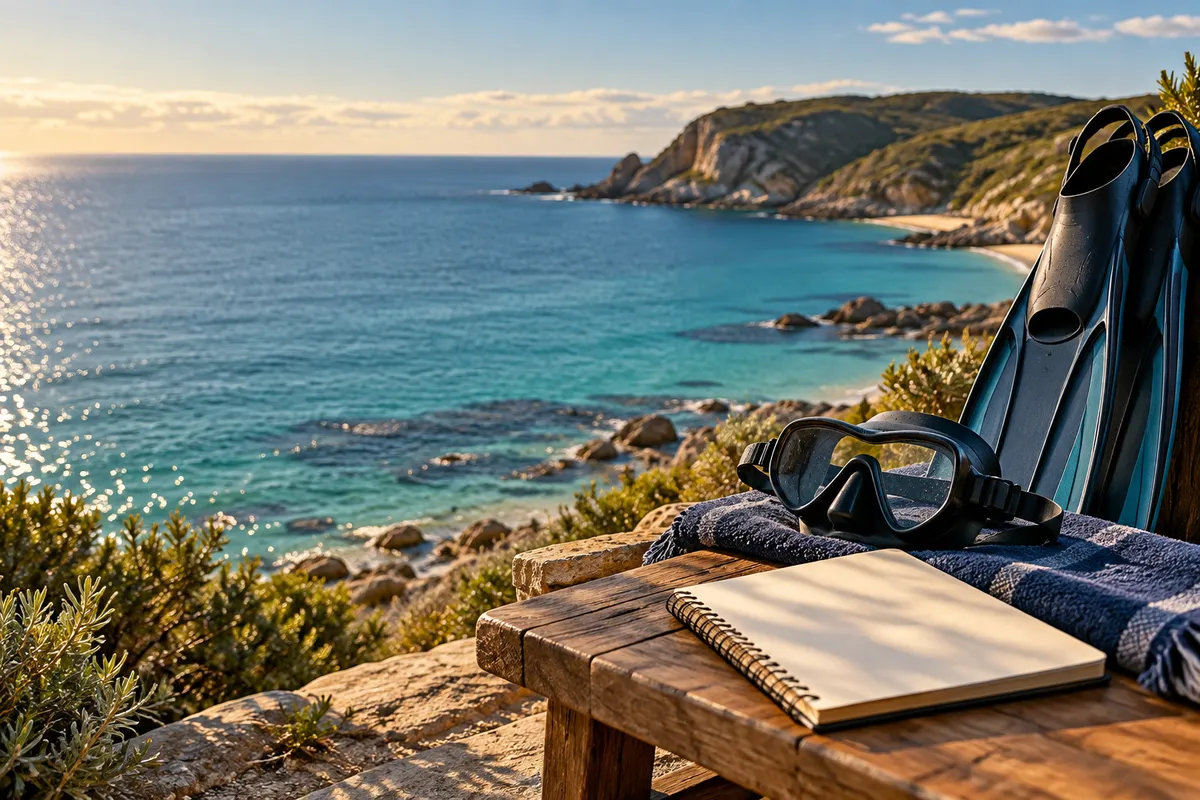 AI-generated illustration of a notebook and dive equipment beside a fictional coast