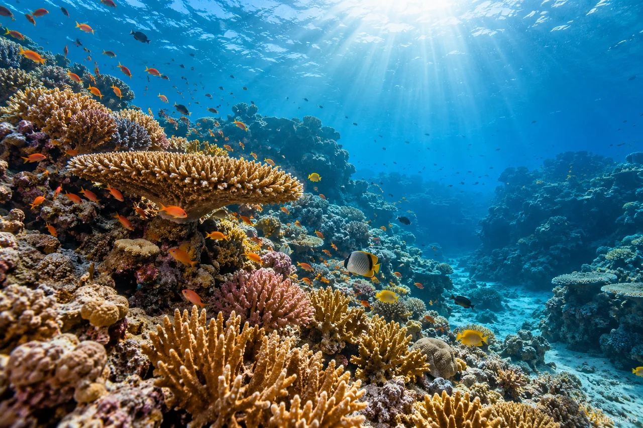 AI-generated tropical reef scene with corals, fish and blue water