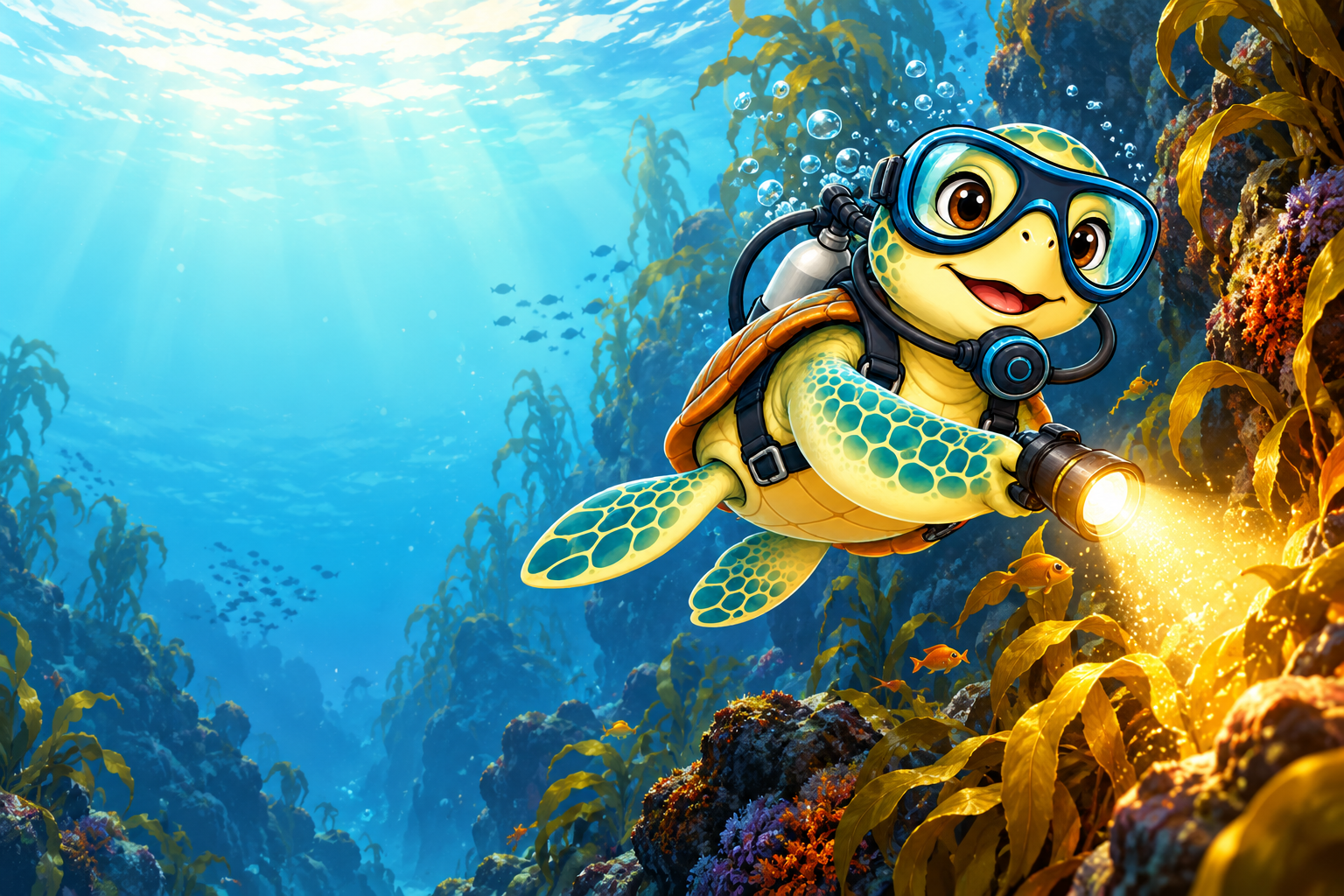 The YouDive turtle holding a torch above a rocky kelp canyon.