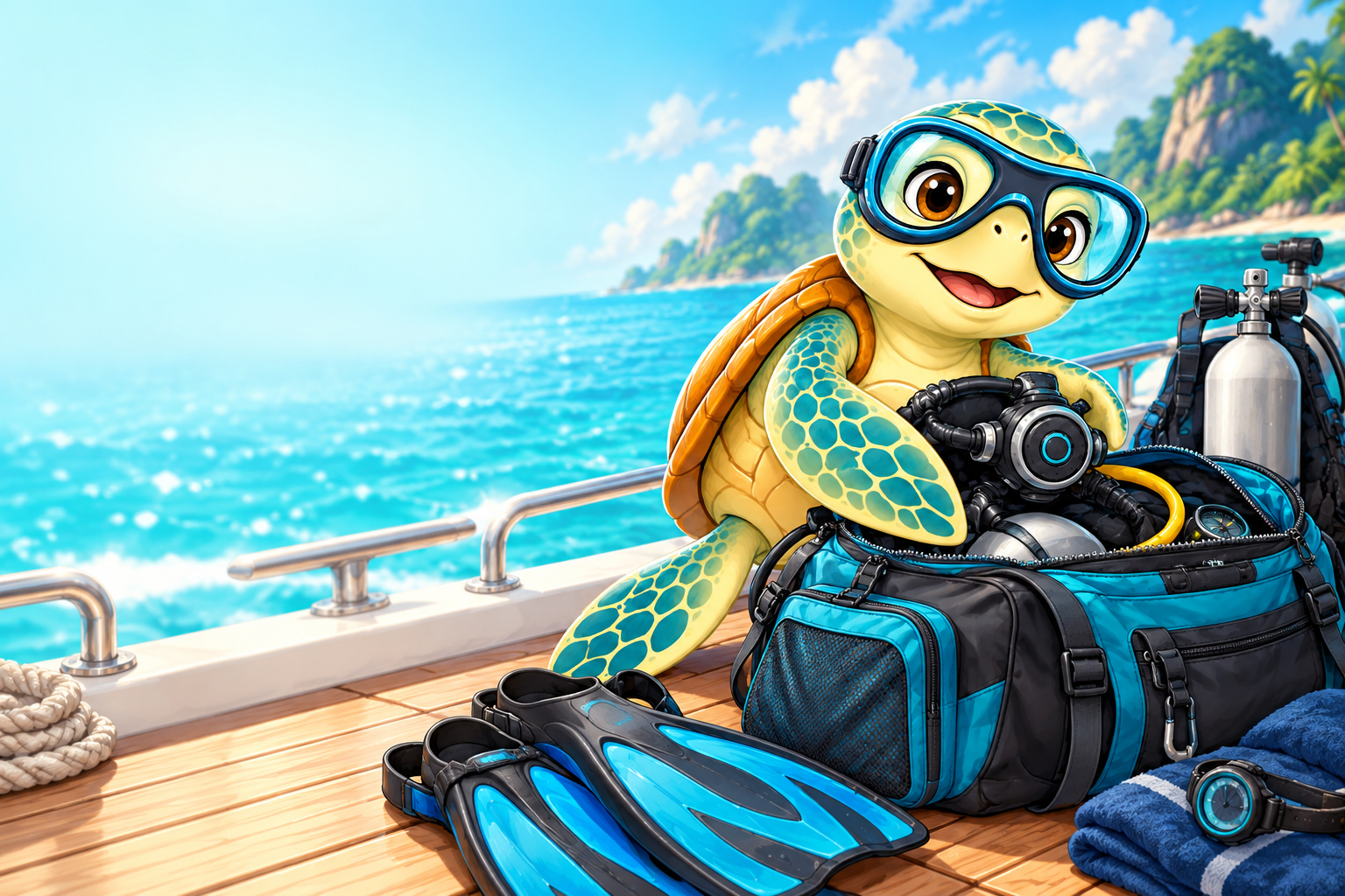 The YouDive turtle packing generic scuba equipment on a boat deck.