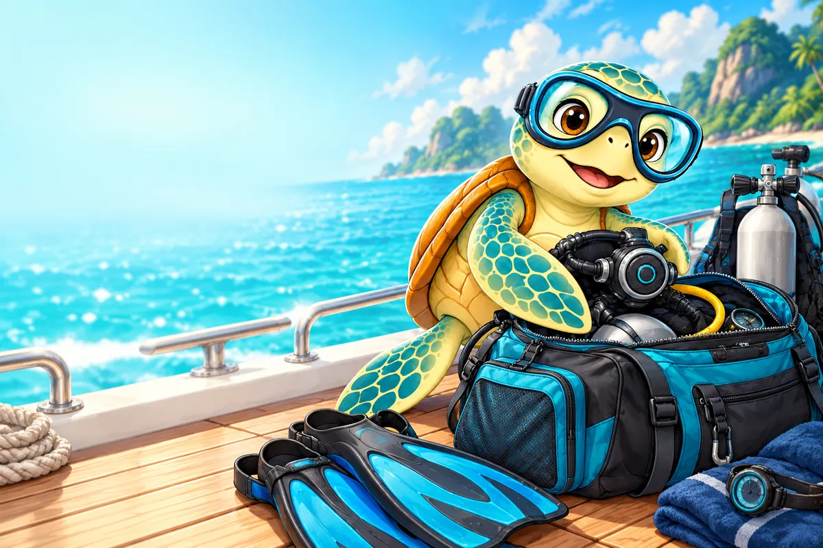 The YouDive turtle packing generic scuba equipment on a boat deck.