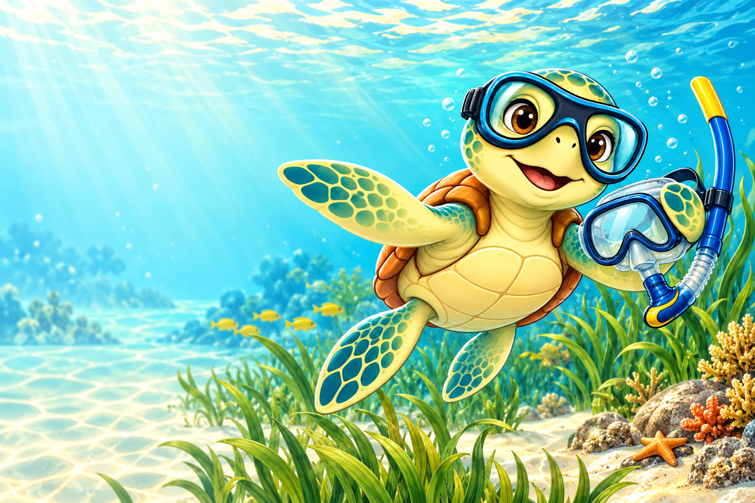 The YouDive turtle with a generic mask and snorkel beside seagrass.