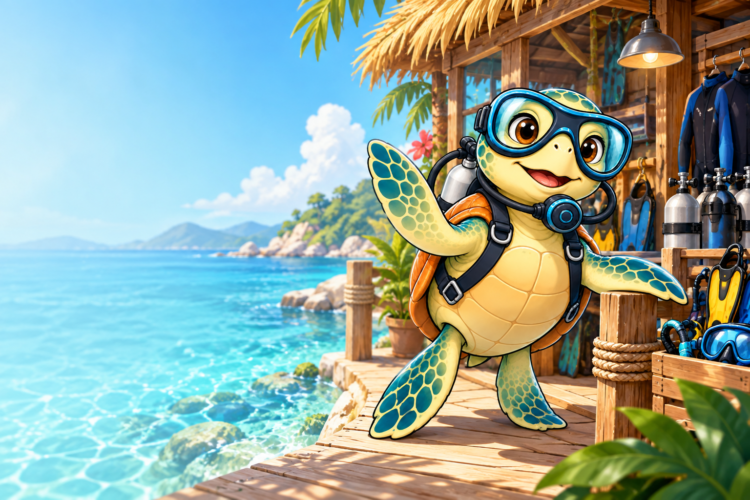 YouDive mascot introducing diving with a buddy