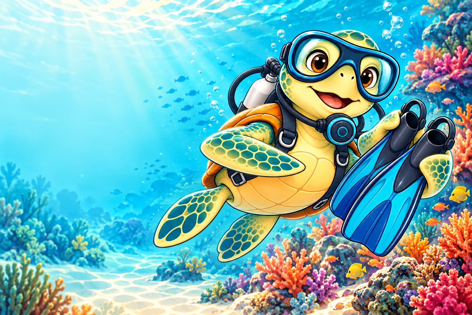 The YouDive turtle presenting generic fins beside a sunlit reef.