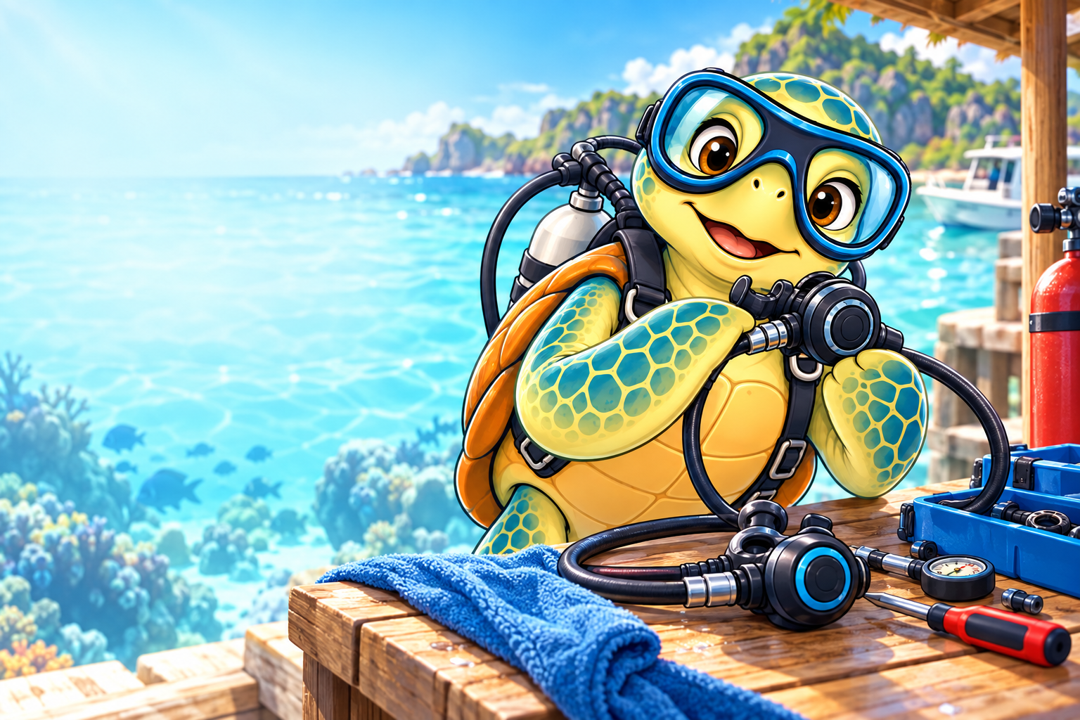 The YouDive turtle examining a generic regulator at a coastal equipment bench.