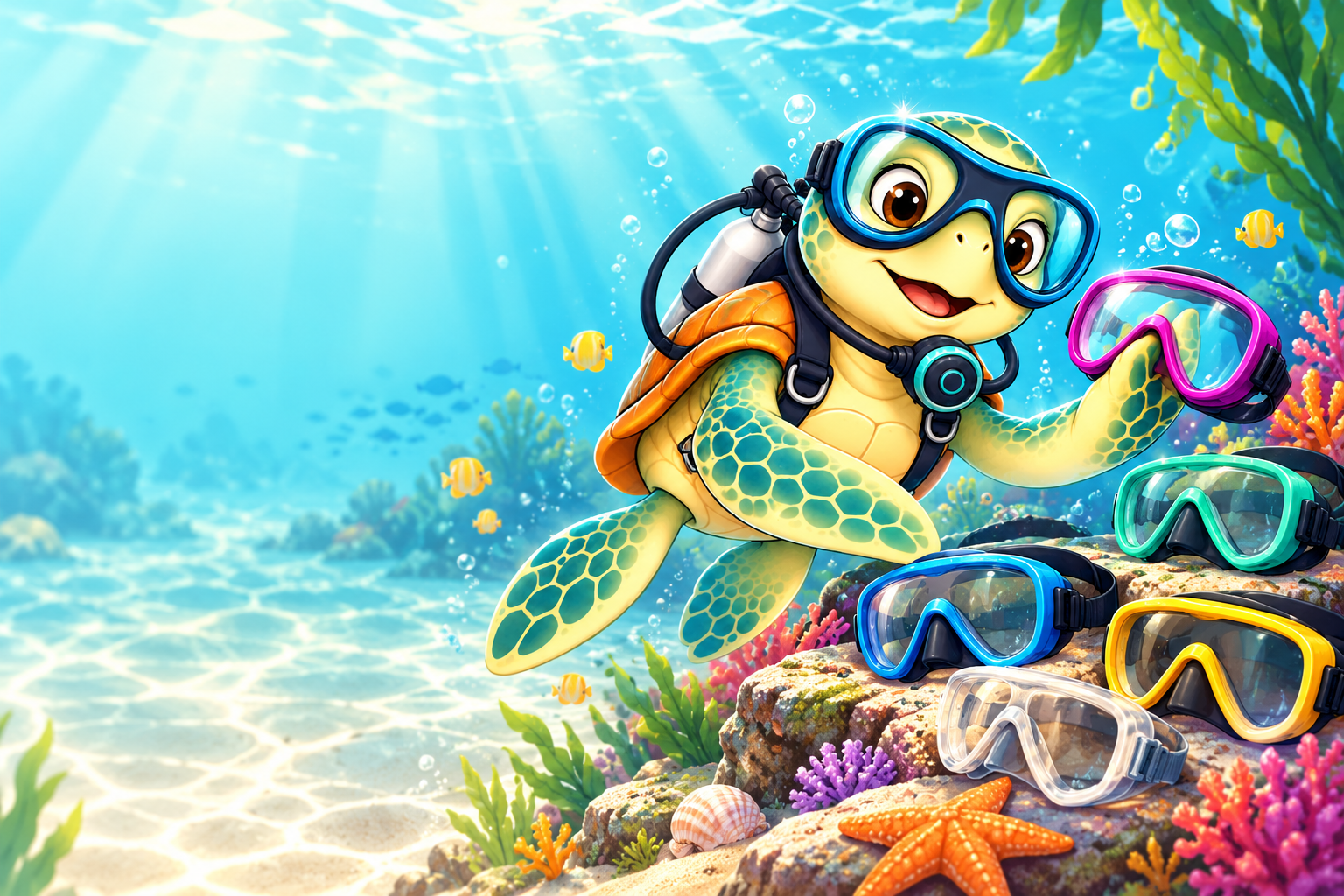 The YouDive turtle examining colourful generic masks beside a shallow lagoon.