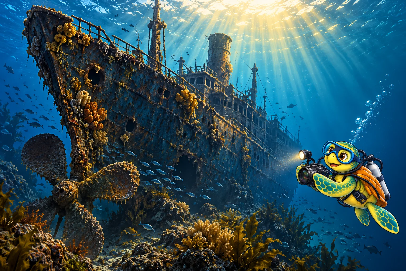 AI illustration of the YouDive turtle photographing a fictional shipwreck from outside
