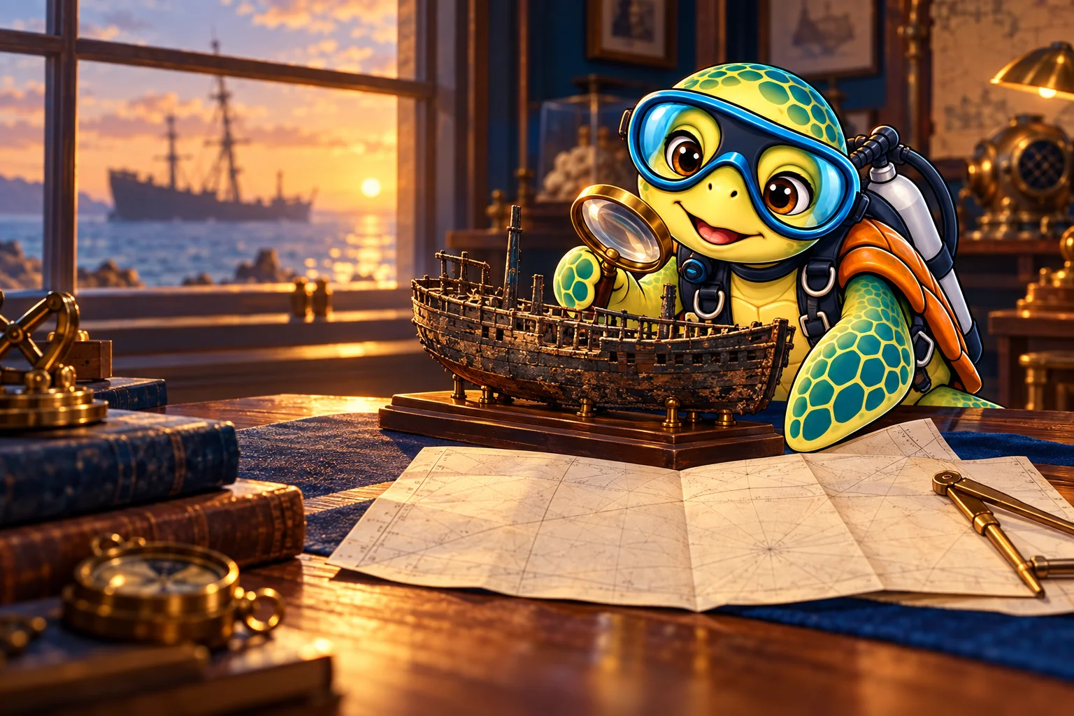 AI illustration of the YouDive turtle researching a fictional ship model in a coastal museum