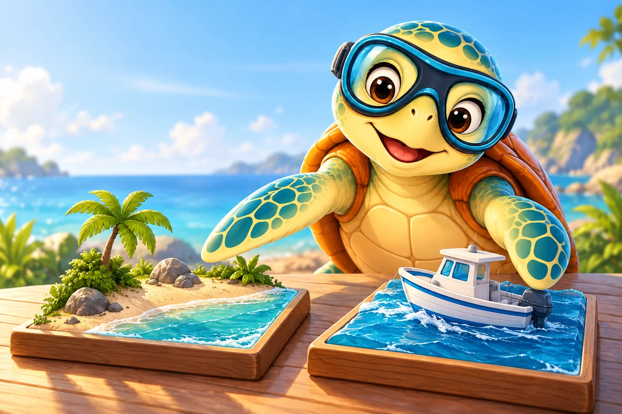 YouDive mascot illustration for Shore Diving vs Boat Diving