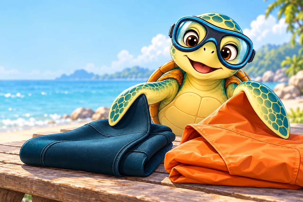 YouDive mascot illustration for Wetsuit vs Drysuit