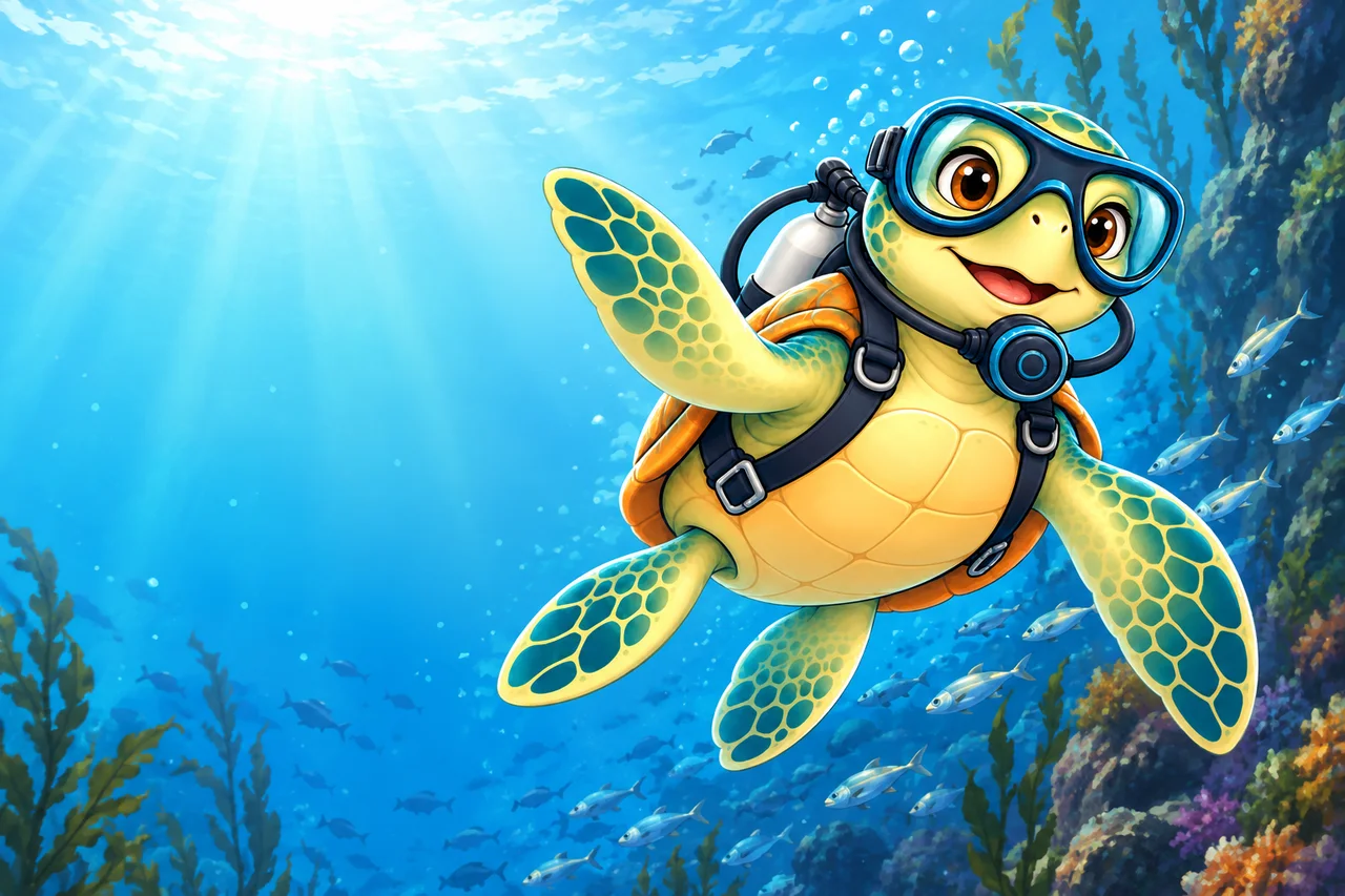 YouDive mascot illustration; not a photograph of the site