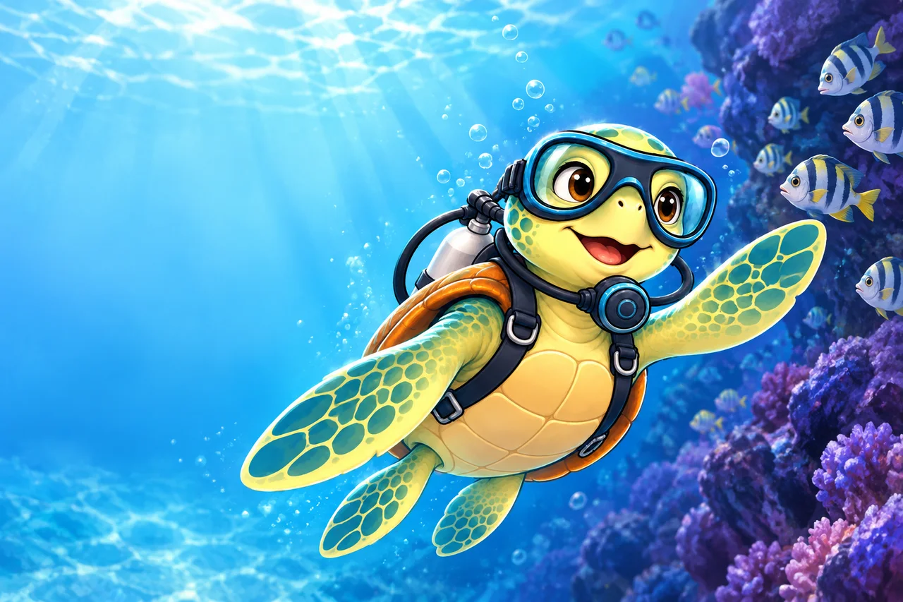 YouDive mascot illustration; not a photograph of the site