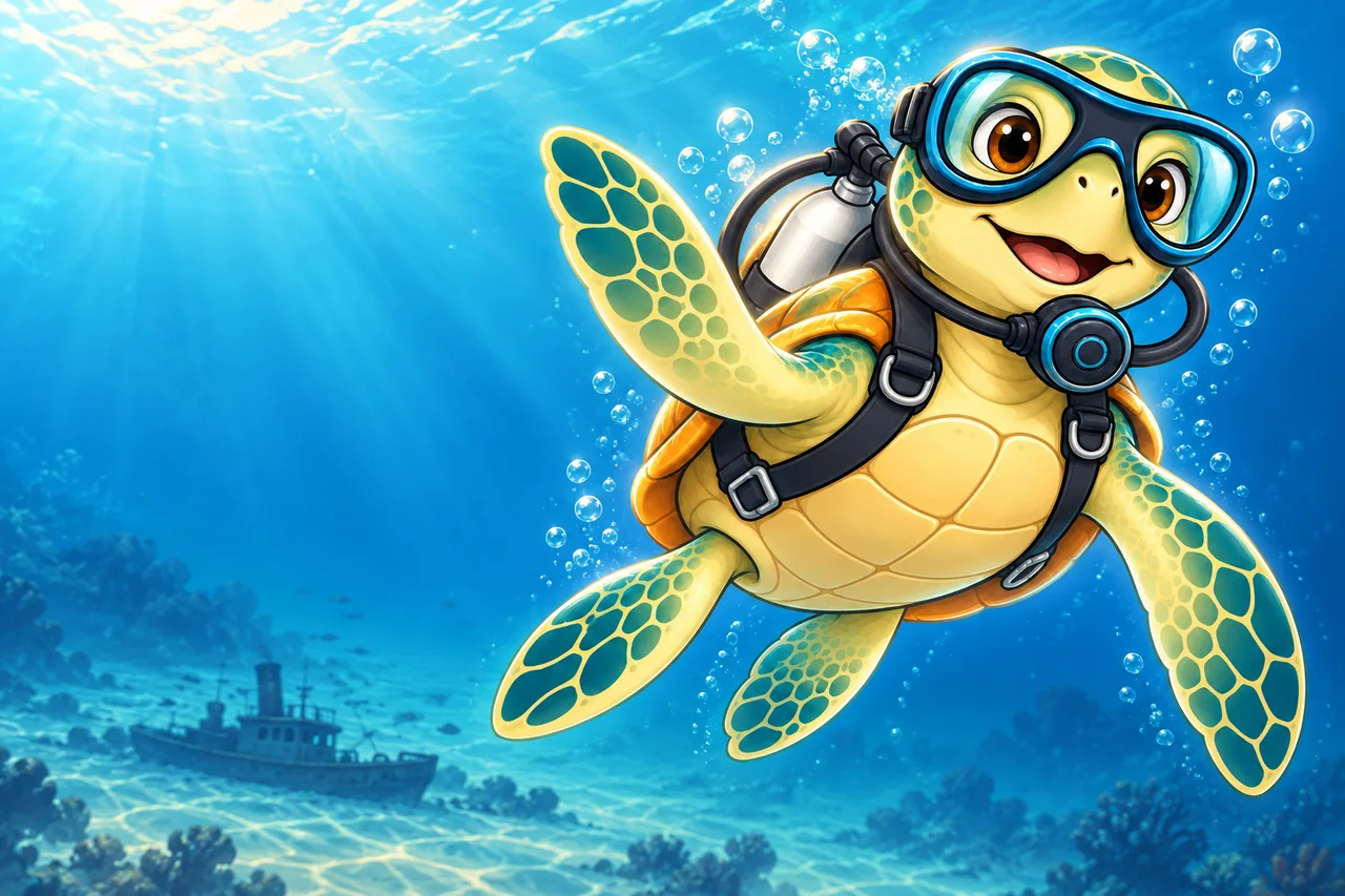 YouDive mascot illustration; not a photograph of the site