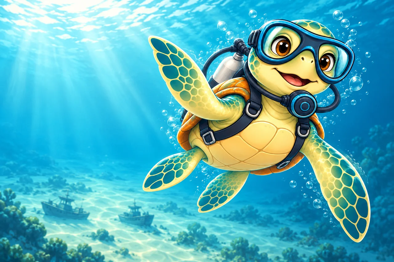 YouDive mascot illustration; not a photograph of the site