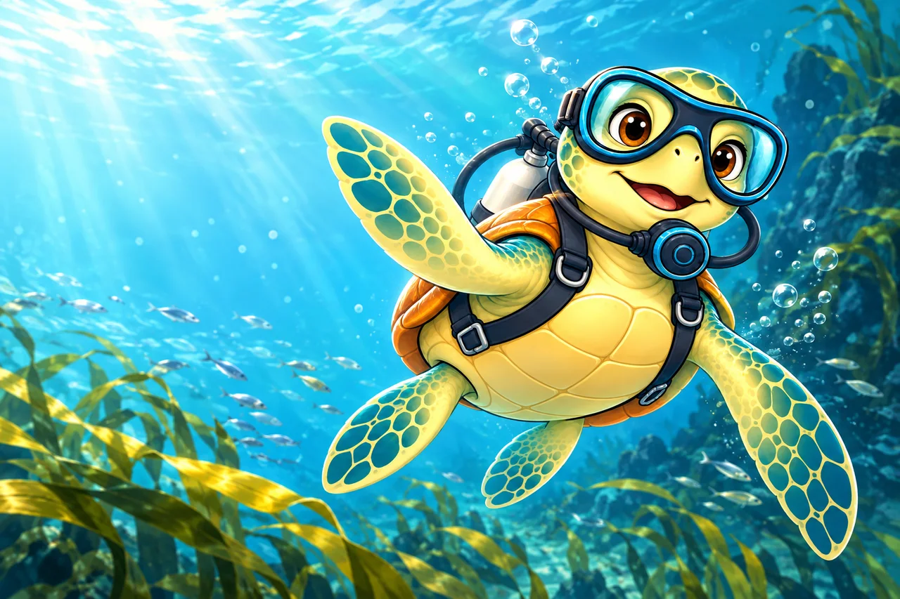 YouDive mascot illustration; not a photograph of the site
