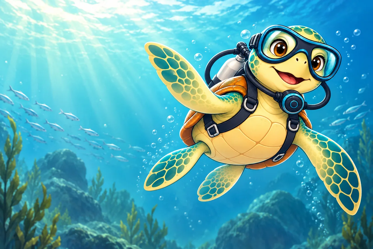YouDive mascot illustration; not a photograph of the site
