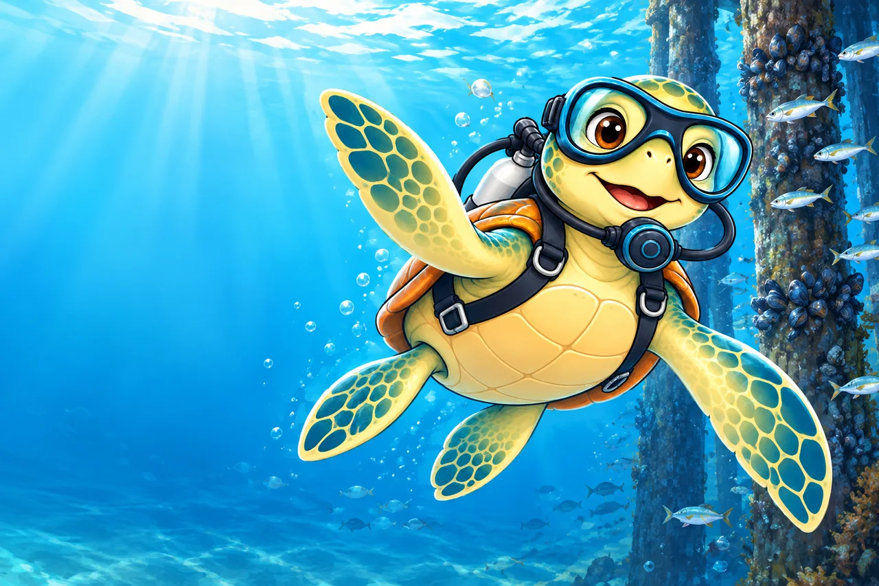 YouDive mascot illustration; not a photograph of the site