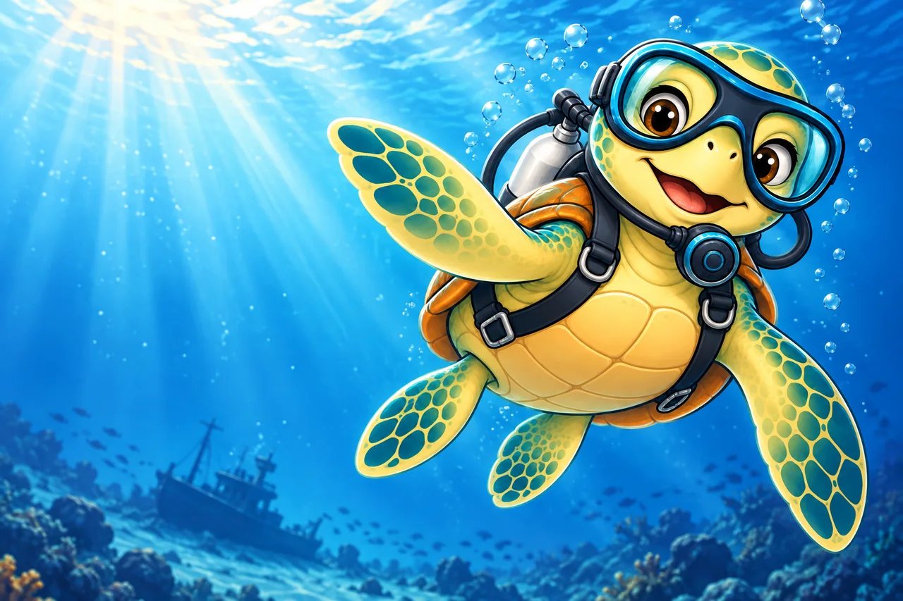 YouDive mascot illustration; not a photograph of the site
