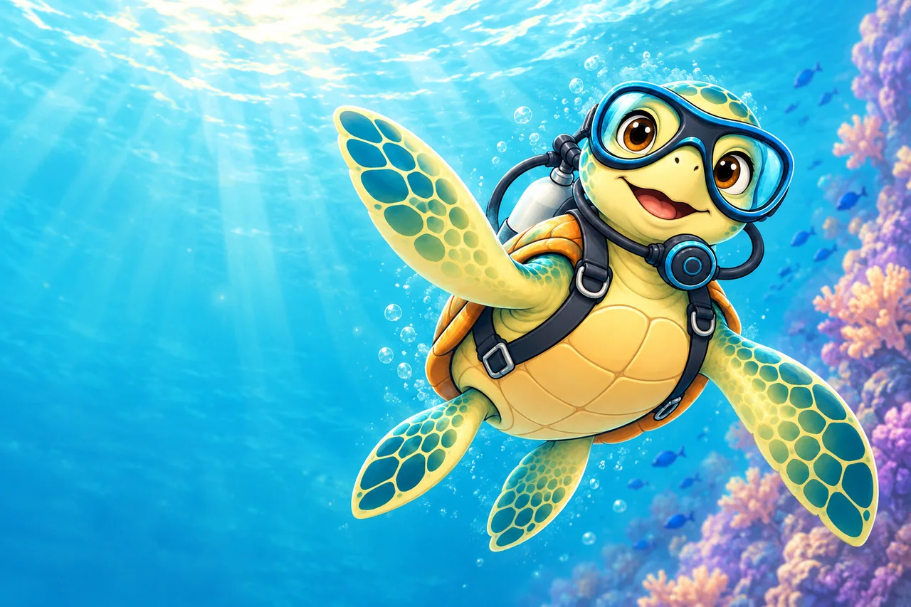 YouDive mascot illustration; not a photograph of the site