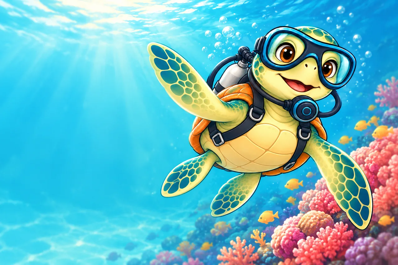 YouDive mascot illustration; not a photograph of the site
