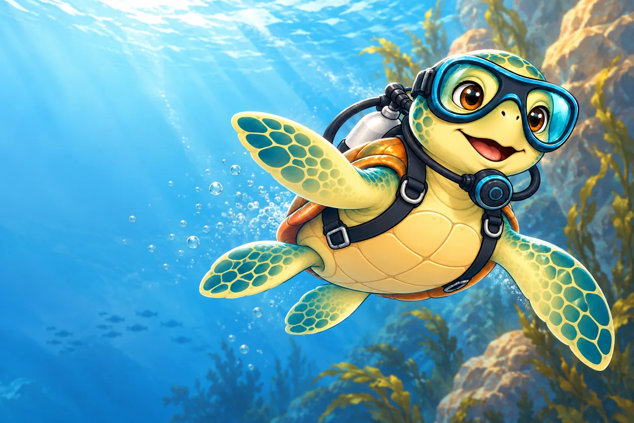YouDive mascot illustration; not a photograph of the site
