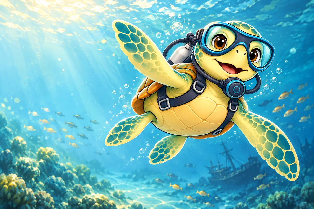 YouDive mascot illustration; not a photograph of the site