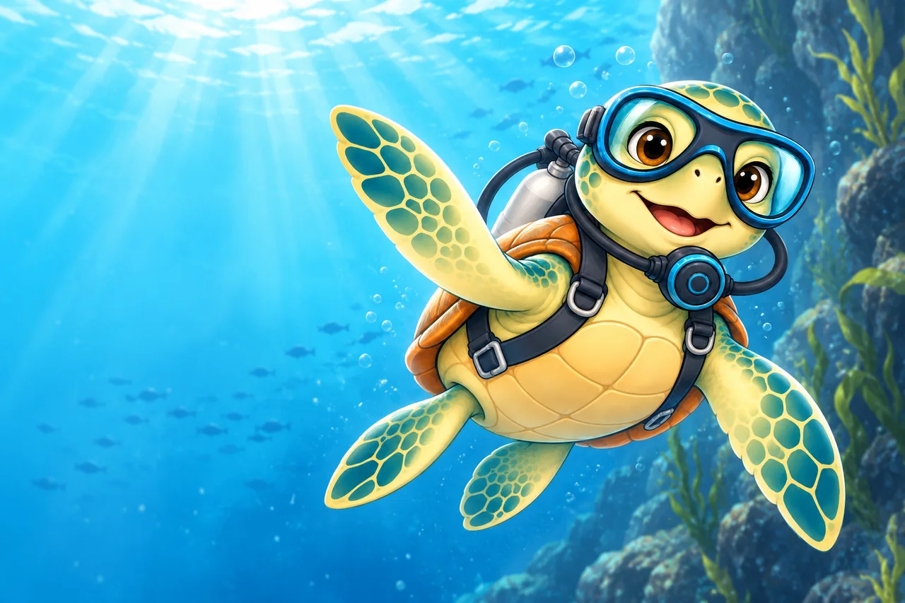 YouDive mascot illustration; not a photograph of the site