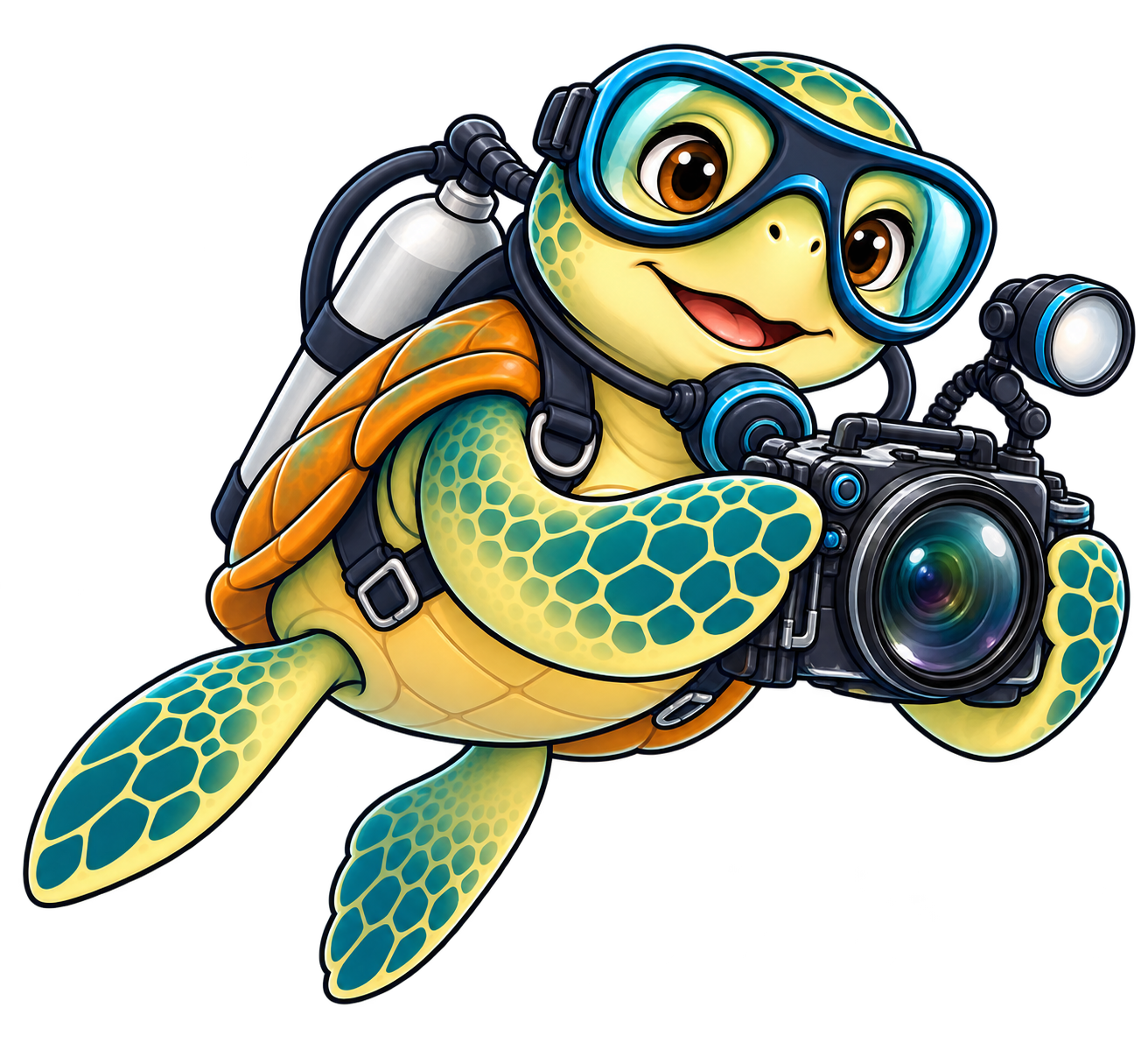 YouDive's sea turtle mascot with an underwater camera